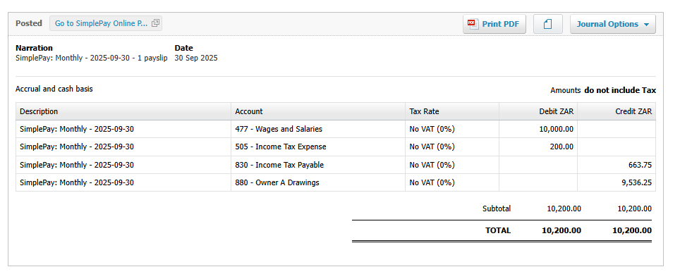 Xero manual journal showing SimplePay monthly payroll entries with wages, tax expense, and payables